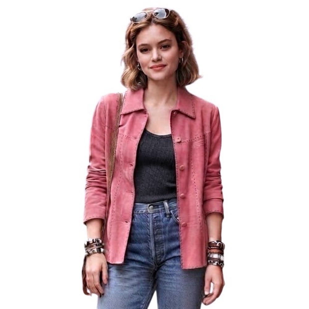 Pink Suede Jacket Whipstitch Western Leather Shirt Barbie Hot Pink Vintage Small